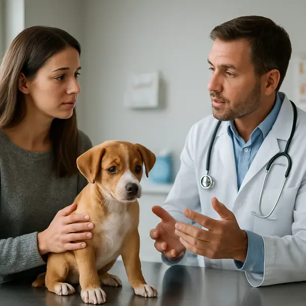Small puppy on a vet exam table with owner and veterinarian discussing care, clinical room and calm interaction.