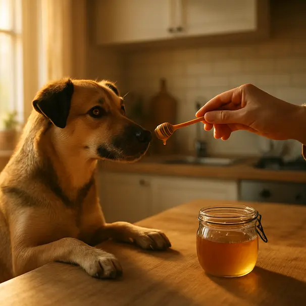 Medium mixed-breed dog in a sunlit kitchen sniffing a wooden spoon with a small drop of honey held by its owner.
