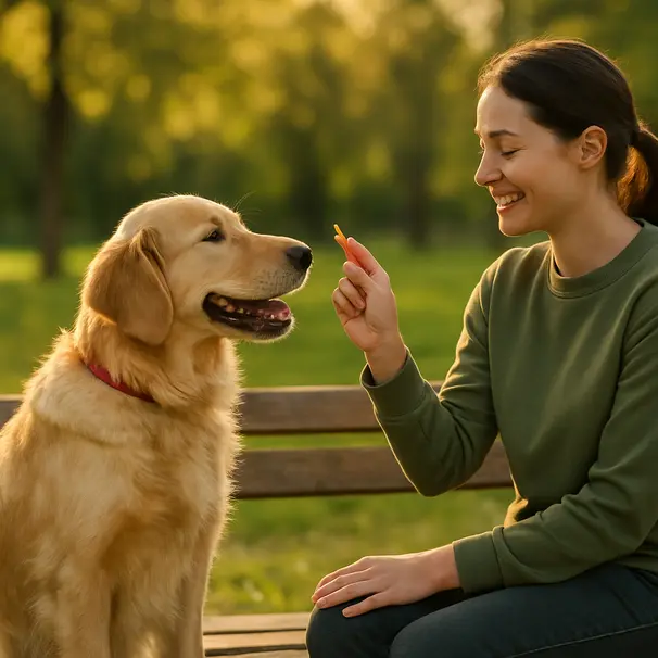 Golden retriever and pet carer on a park bench outdoors, carer offering a tiny smear of honey on their finger as a training reward.