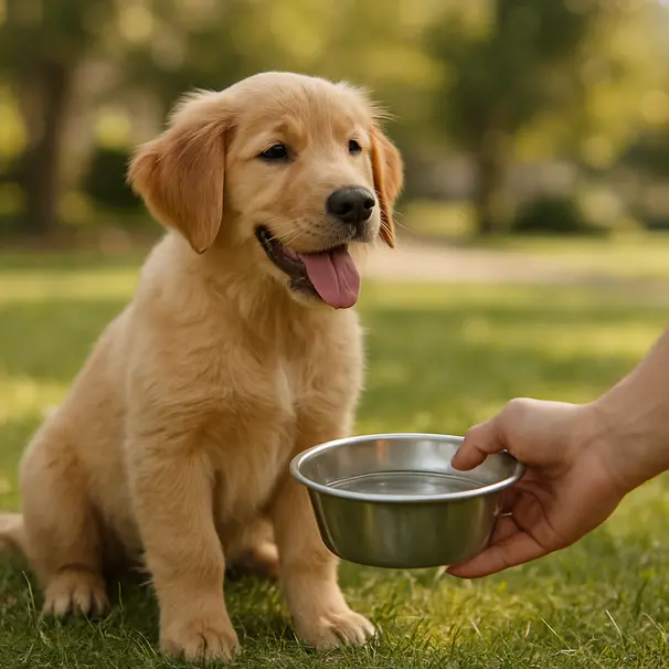 Golden retriever puppy sitting on grass after play, owner offering water in a park
