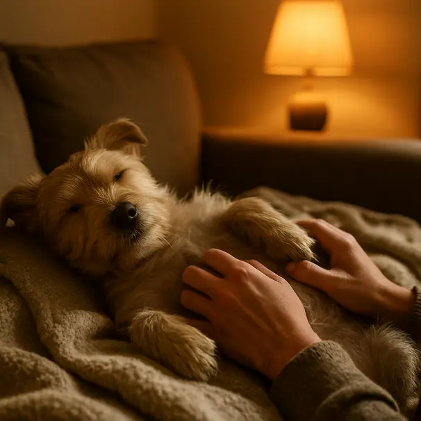 Small terrier relaxed on owner's lap in living room receiving a gentle belly rub