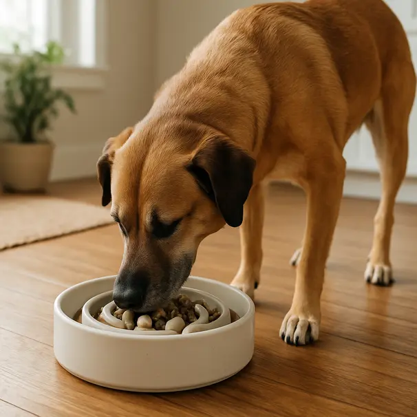 Mixed-breed dog eating slowly from a slow-feeder bowl in a kitchen with morning light