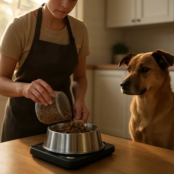 Pet carer weighing kibble on a digital scale in a kitchen as a medium mixed-breed dog sits nearby