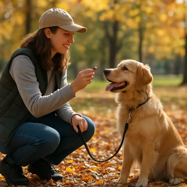 Pet carer giving a small treat to a golden retriever during a park walk with autumn leaves