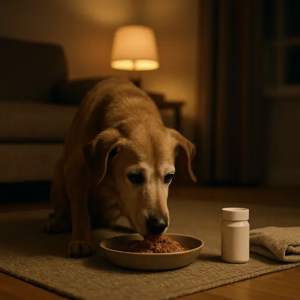 Senior dog eating a soft wet meal in a cozy living room with a medicine container nearby