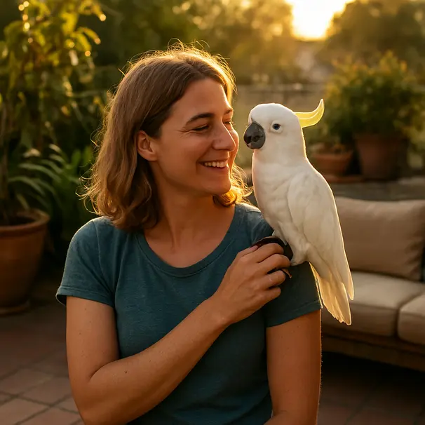 Pet carer outdoors at sunset holding a white cockatoo on their shoulder with relaxed surroundings