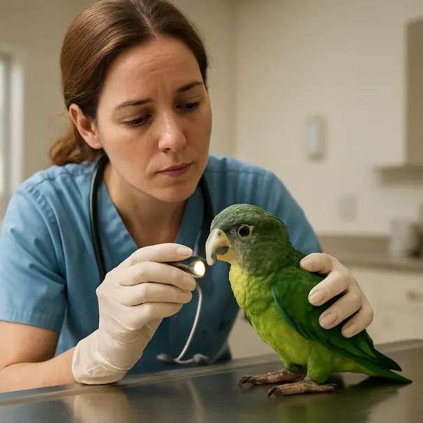 Veterinarian examining a parrot on an exam table under soft clinic lighting