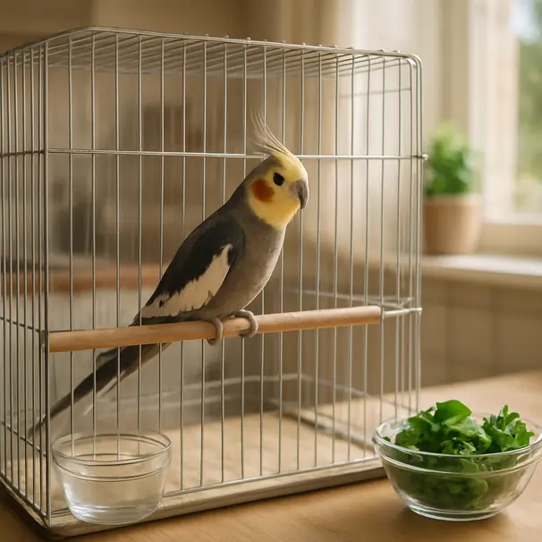 Cockatiel perched inside a clean cage in a sunlit kitchen corner with food and water visible