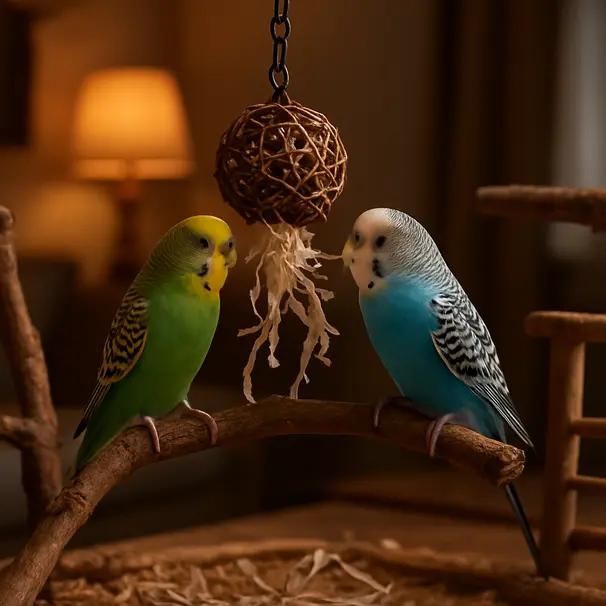 Two budgerigars exploring a hanging foraging toy in an indoor play area with warm light