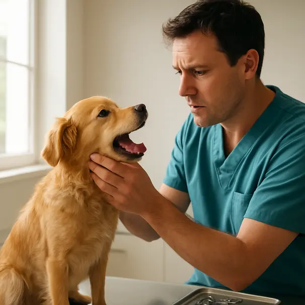 Veterinarian gently inspecting a small mixed-breed dog’s throat inside a bright clinic, close-up of dog and vet interaction