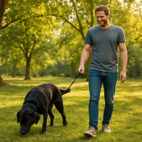 Black Labrador resting during a short walk in a leafy park with owner nearby, calm daytime scene