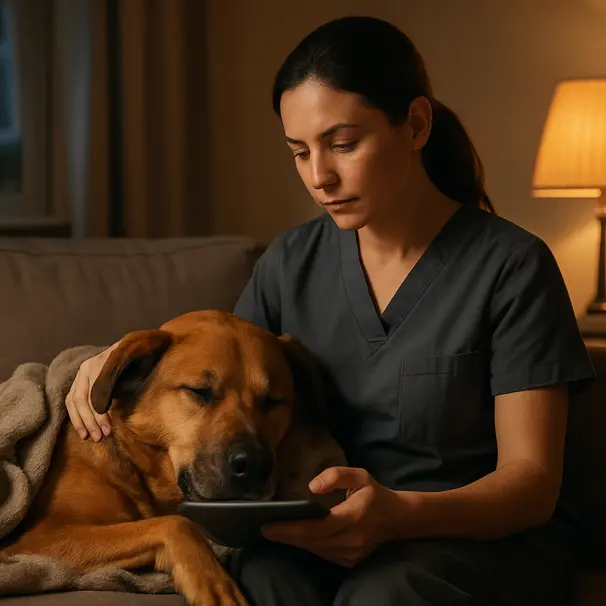 Pet carer comforting a large mixed-breed dog on a couch under warm lamplight, checking care notes on a tablet
