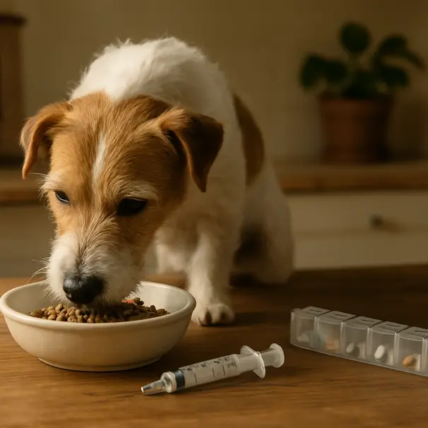 Small terrier eating soft food from a bowl on a wooden table with medication supplies visible, warm home interior