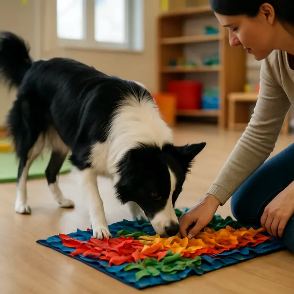 Border collie indoors using a snuffle mat to find hidden treats, focused and engaged, owner nearby in a play area