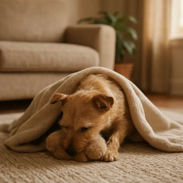 Small terrier indoors pushing a plush toy under a blanket on a living room rug, warm light, cozy home setting