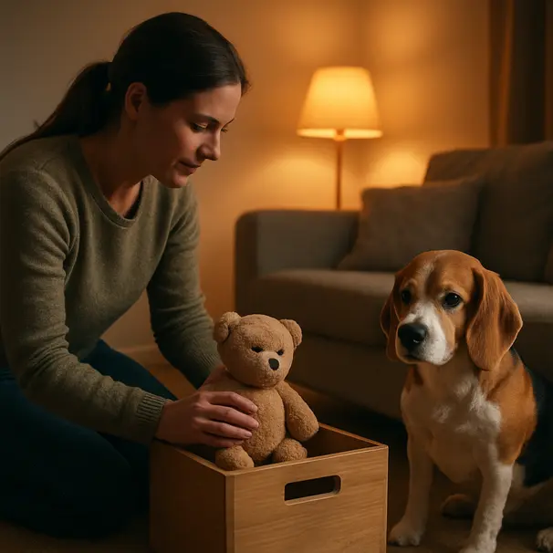 Pet carer at home putting a toy into a wooden box as a beagle watches calmly, evening indoor lighting