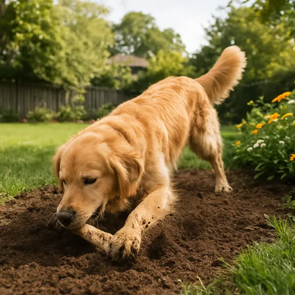 Golden retriever outdoors using paws to bury a bone in loose soil near a flowerbed in a suburban backyard