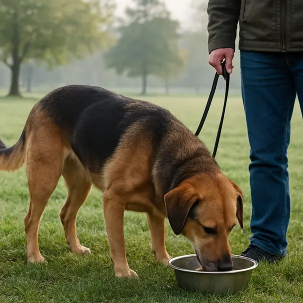 En voksen hund spiser fra en bolle ute i en park etter en morgentur, eier står ved siden av.