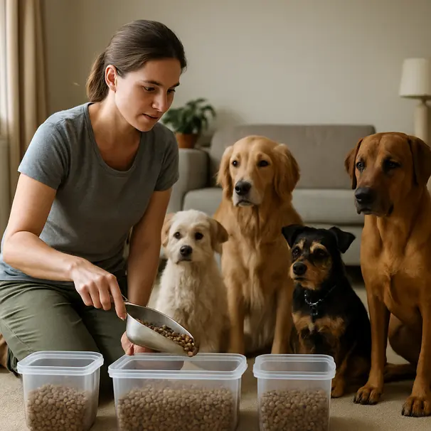 En hundepasser som måler fôr for flere rasevarianter i en stue, alle hundene venter tålmodig.