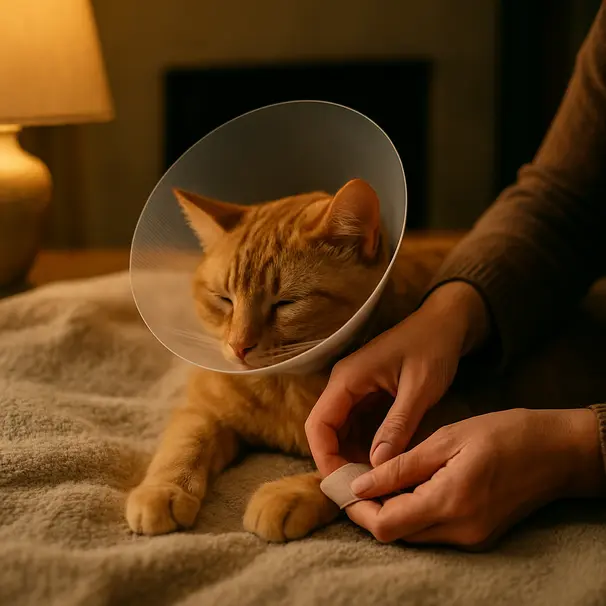 Ginger cat wearing an Elizabethan collar resting on a blanket at home while a person checks a small bandage, warm indoor lighting