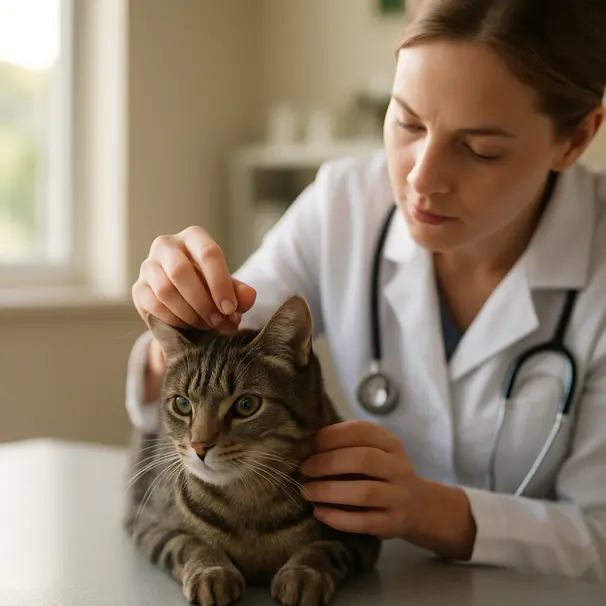 Veterinarian examining a tabby cat on an exam table, inspecting a small horn-like bump near the ear in a bright clinic room