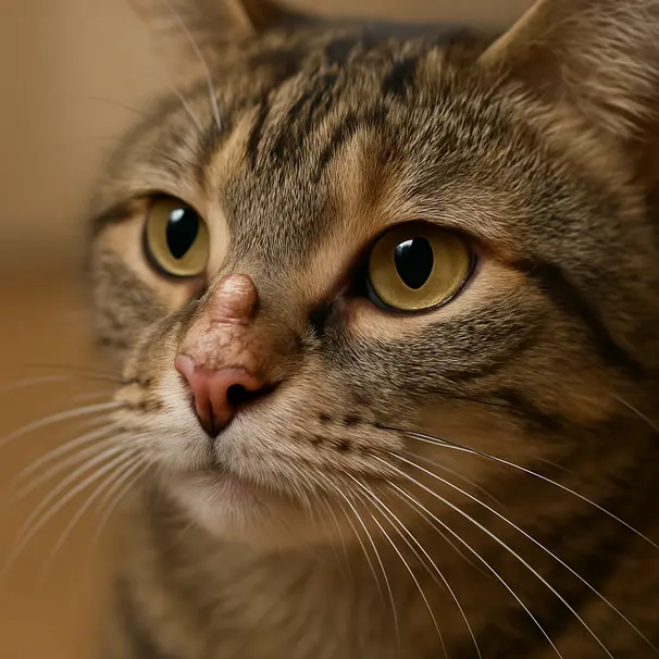 Macro close-up of a cat's face showing a small horn-like projection on the nose bridge, detailed fur and skin texture