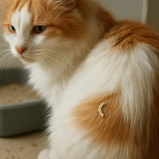 Long-haired cat with visible small white tapeworm segment near its tail beside a litter box