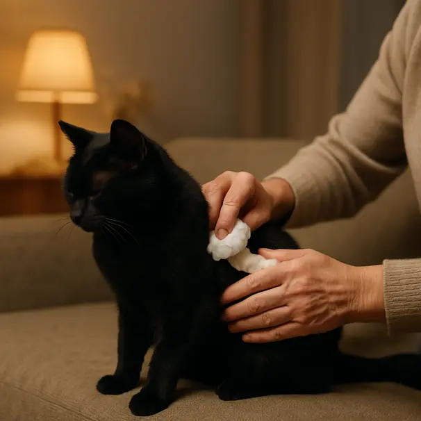 Caregiver using a warm damp cloth to gently clean a black cat's rear on a couch under soft lamp light