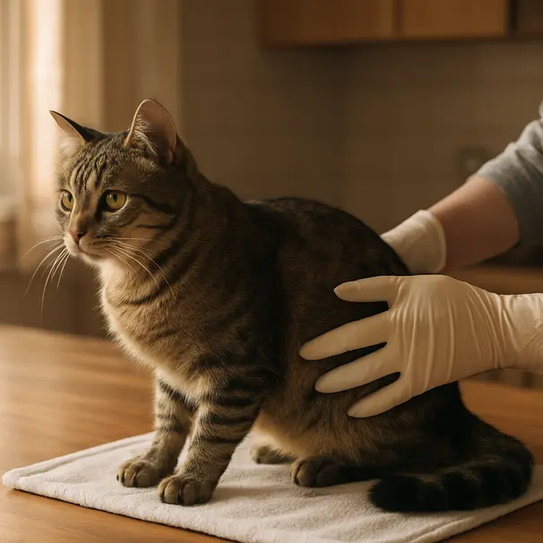 Person carefully inspecting a tabby cat's rear area on a towel in a sunlit kitchen