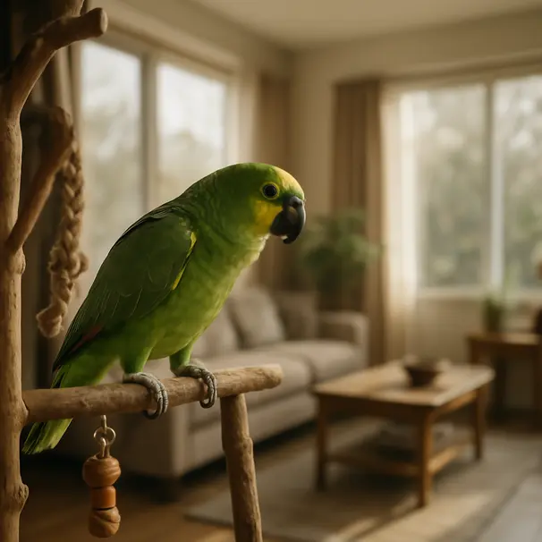 Een groene en gele papegaai verkent een lichte woonkamer met houten zitstokken en speelgoed, zittend dichtbij een raam