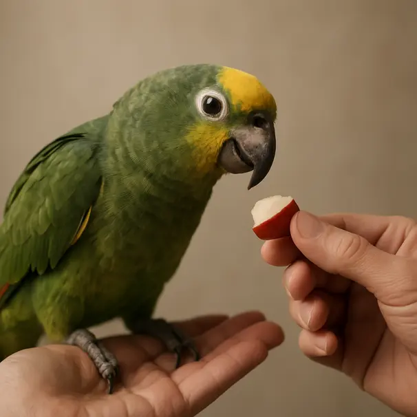 Een eigenaar die een stukje vers fruit aanbiedt aan een papegaai die op de hand staat, intieme en vriendelijke interactie