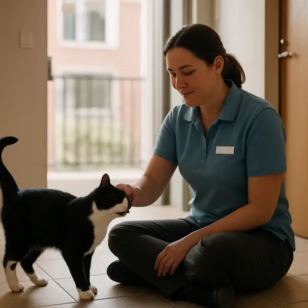 Pet carer seated on floor accepting a headbutt from a black-and-white cat in an apartment hallway