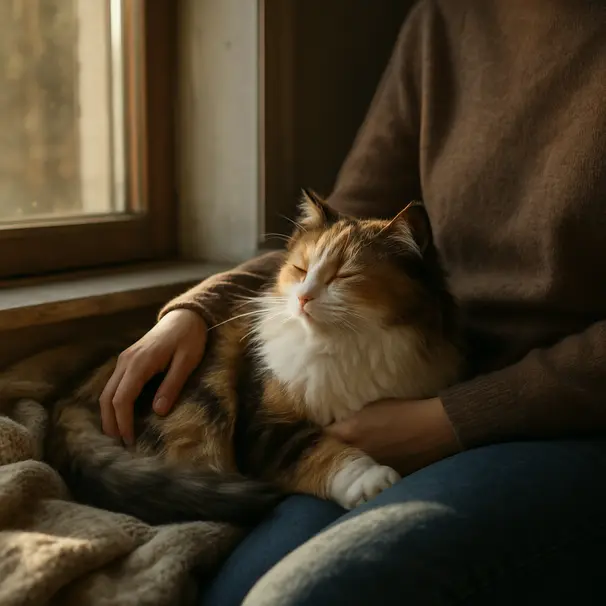 Long-haired calico cat pressing its head to a person's arm while sitting on a sunlit window seat