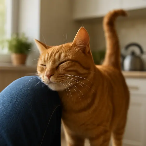 Orange tabby cat cheek-rubbing a person's knee in a bright kitchen, calm eyes and upright tail