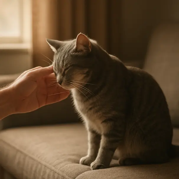 Grey short-haired cat pressing its forehead to a person's hand on a sofa in warm morning light