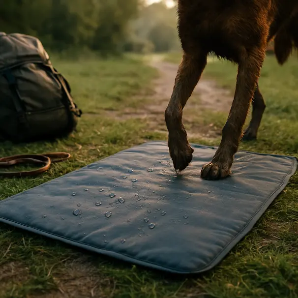 Waterproof travel dog mat on grass near a trailhead, mud on paws approaching, beaded water droplets on fabric