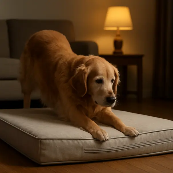Senior golden retriever on an orthopedic memory foam dog bed with a waterproof liner in a living room, lamp light