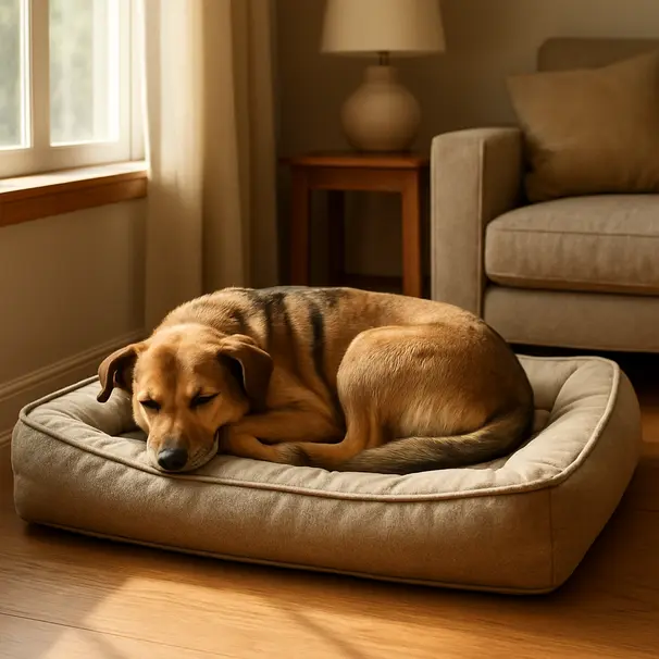 Medium-sized mixed-breed dog curled on a water-resistant bolster bed in a sunlit living room, fabric texture visible