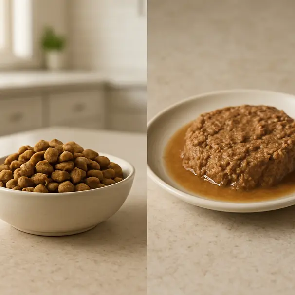 Comparación de un bol con pienso seco y un plato con comida húmeda en una cocina con luz natural.