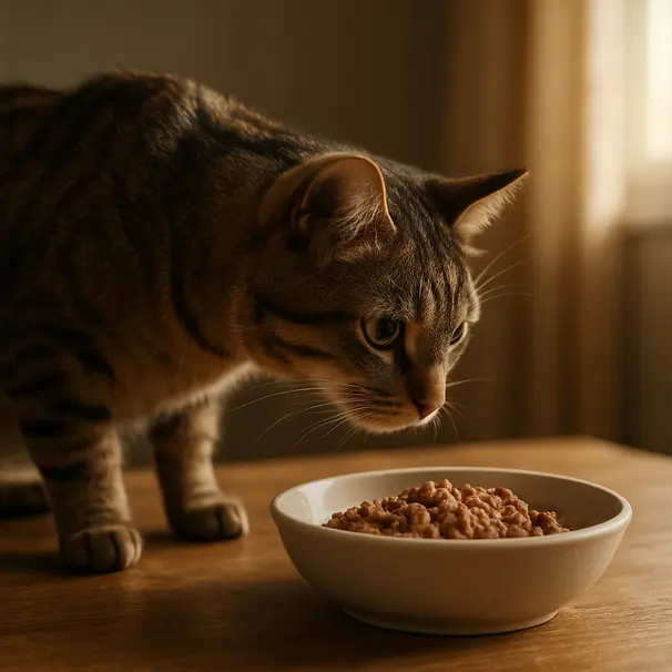 Gato doméstico olfateando un plato de comida húmeda en una mesa baja, luz de mañana y ambiente hogareño.