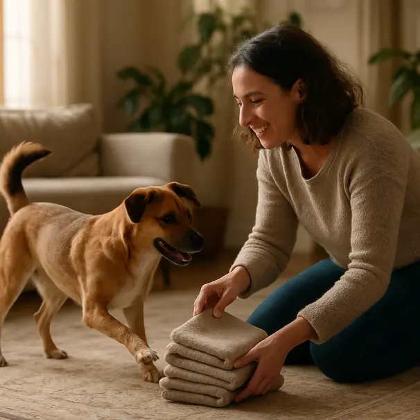 Een pet carer buk tijdens een neuswerkspel in een gezellige woonkamer met een gemengde hond die tussen handdoeken zoekt