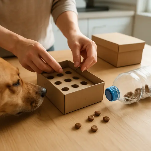 Een pet carer vult zelfgemaakte puzzels met lekkers op een keukentafel terwijl een nieuwsgierige hond toekijkt