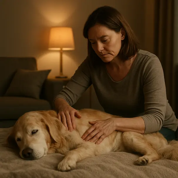 Een pet carer masseert rustig een oudere hond op een deken in een warme, gezellige woonkamer
