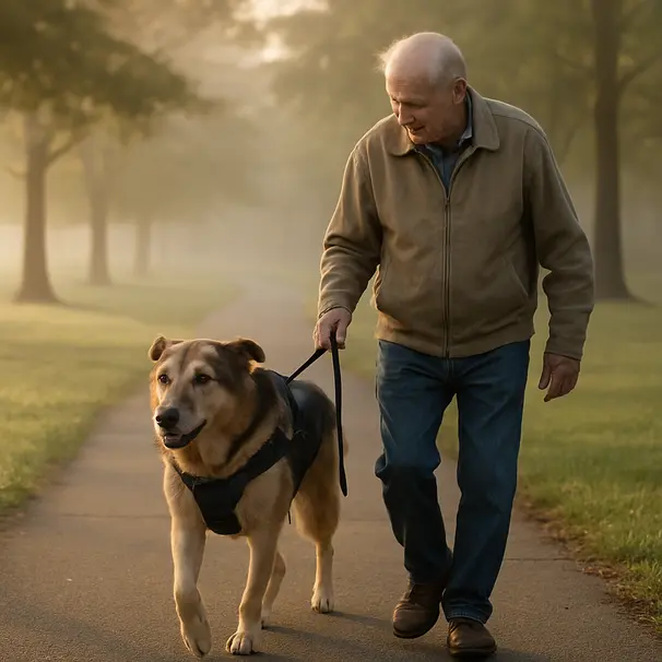 Senior shepherd-mix wearing a padded support harness being walked on a misty park path by a caregiver during early morning light