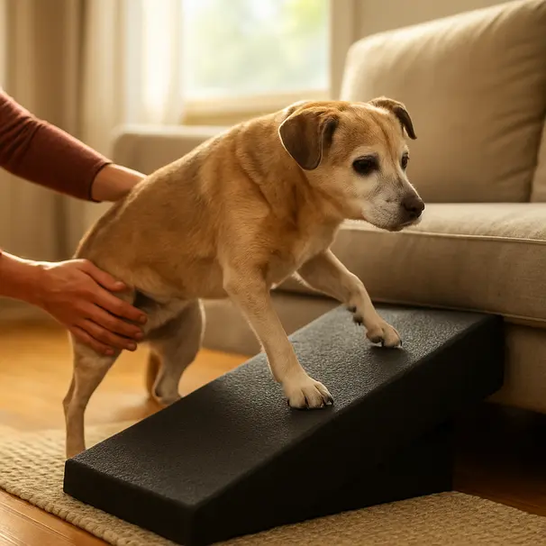 Small senior mixed-breed dog climbing a foam ramp onto a couch in a living room while owner steadies it, non-slip rug and warm light visible