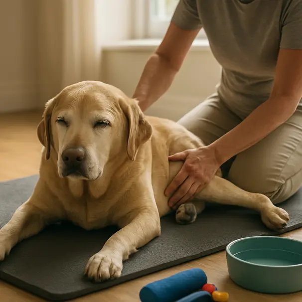 Senior Labrador receiving gentle massage and guided stretches from a carer on a mat in a bright room with rehab equipment nearby