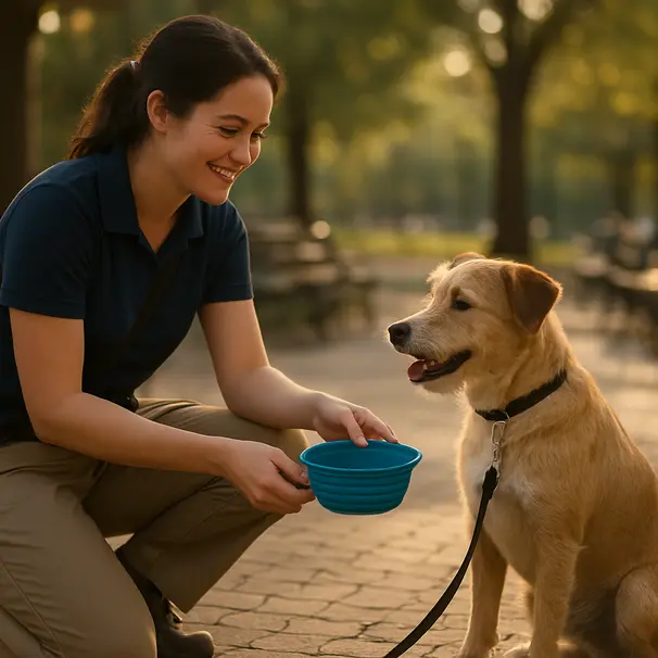 Pet carer offering a collapsible water bowl to a terrier in a shaded city park during late afternoon