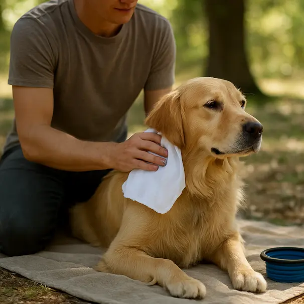 Person using a cool damp towel on a golden retriever's neck in shade, dog on blanket with water bowl, afternoon light through trees
