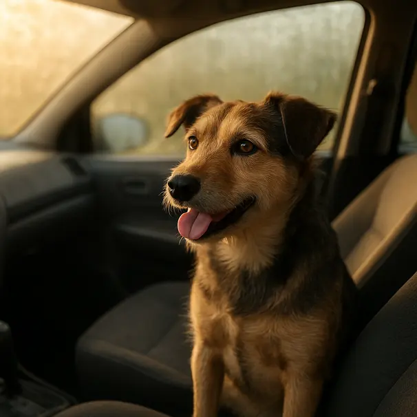 Small mixed-breed dog panting inside a parked compact car, sunlight coming through windshield, condensation on interior glass