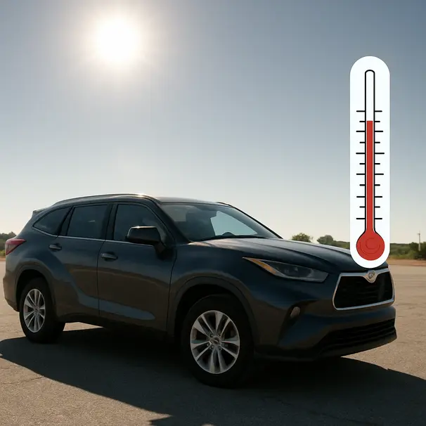 Dark SUV parked in an open lot under bright midday sun, visible heat haze above vehicle and bright reflections on glass